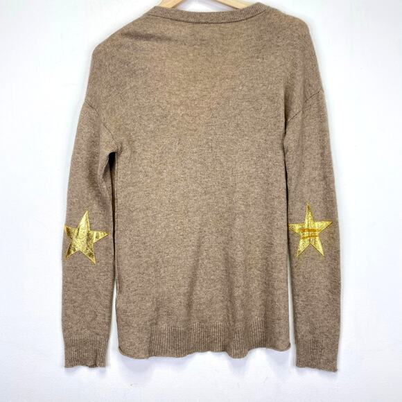 Zadig & Voltaire Vivi WS Gold Star Elbow Patch Cashmere Sweater M Oatmeal Deep V - Picture 6 of 13